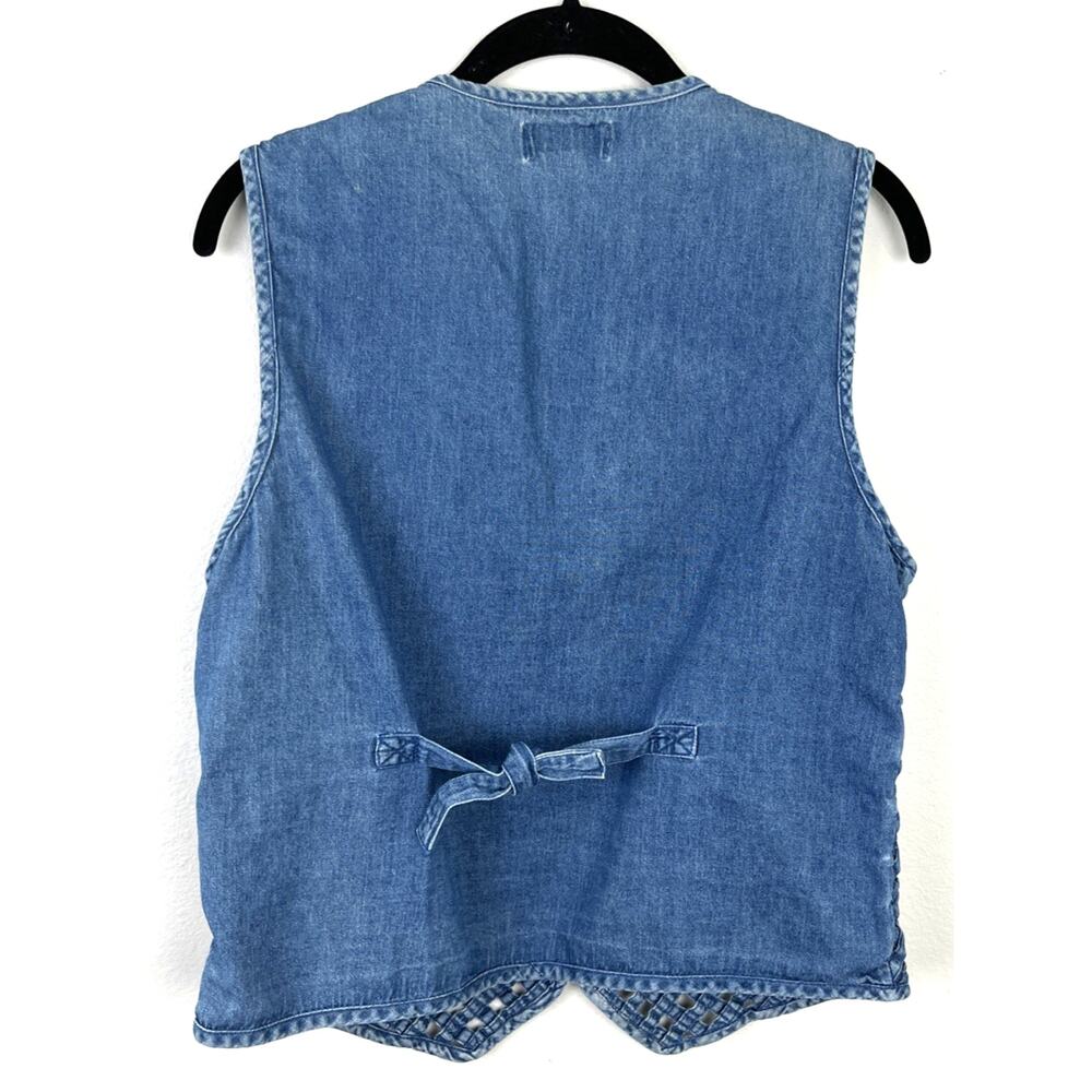 Vintage Woven Lattice Denim Vest Wood Toggle Button Boho Cowgirl Cottagecore M - Picture 5 of 13